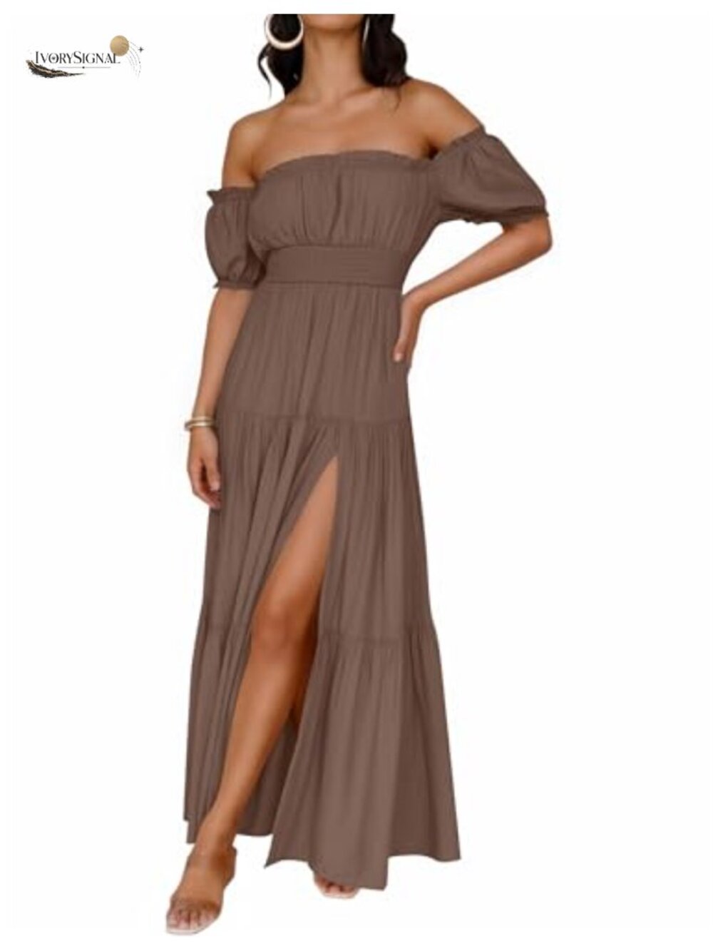 Women's Off Shoulder Boho Maxi Dress - Puff Sleeve A-Line Square Neck Flowy